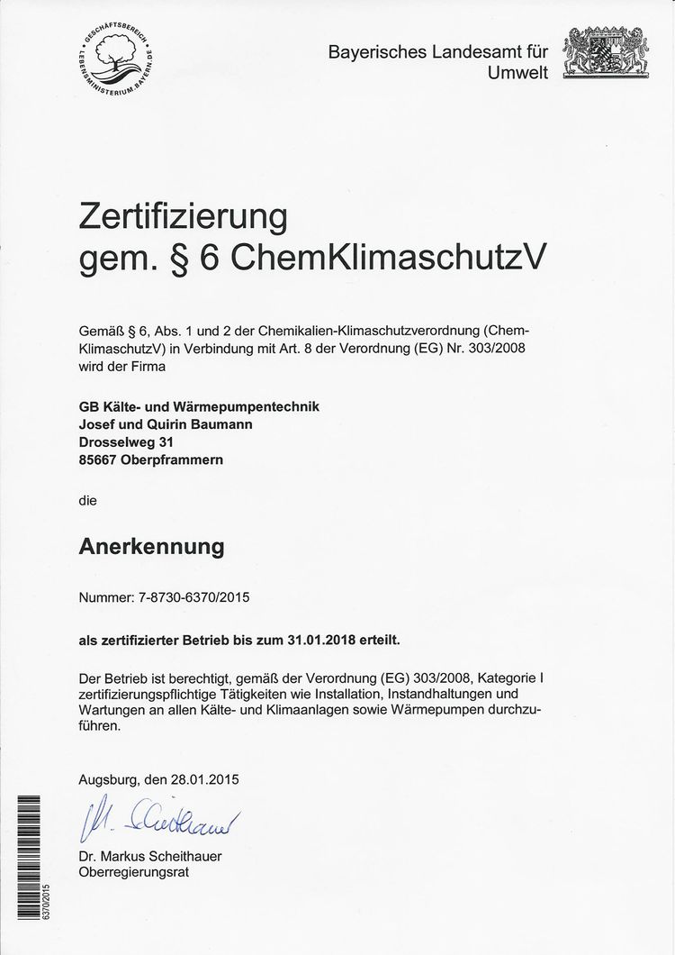 Zertifizierung gem § 6 chemKlimschutzV